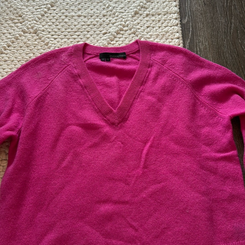 Raspberry pink cashmere 360 sweater. Lightweight imperfect for Valentine’s Day.